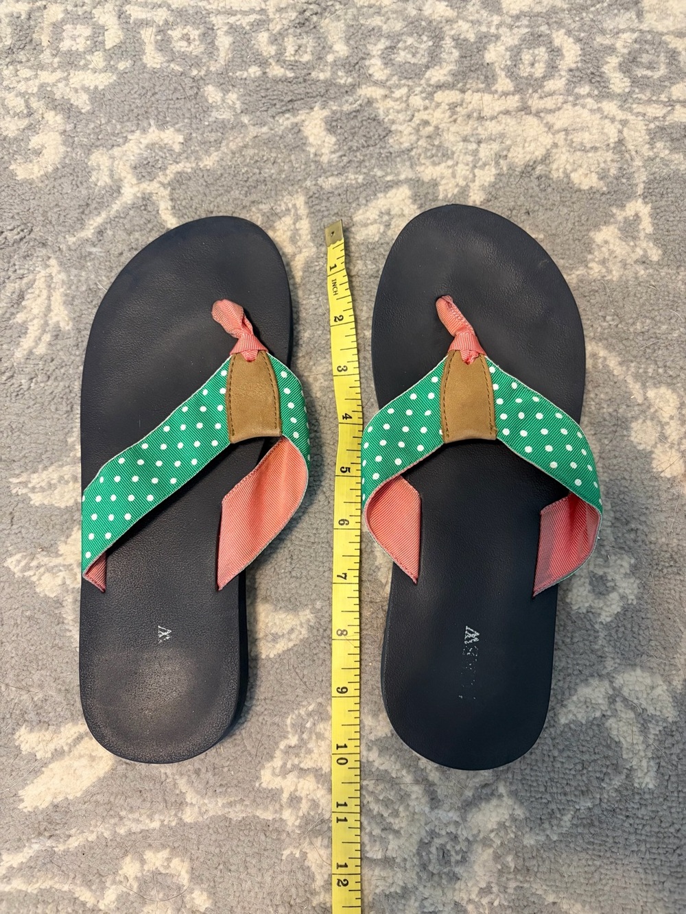 J. Crew Green Polka Dot & Coral Trim Flip Flop Sandals